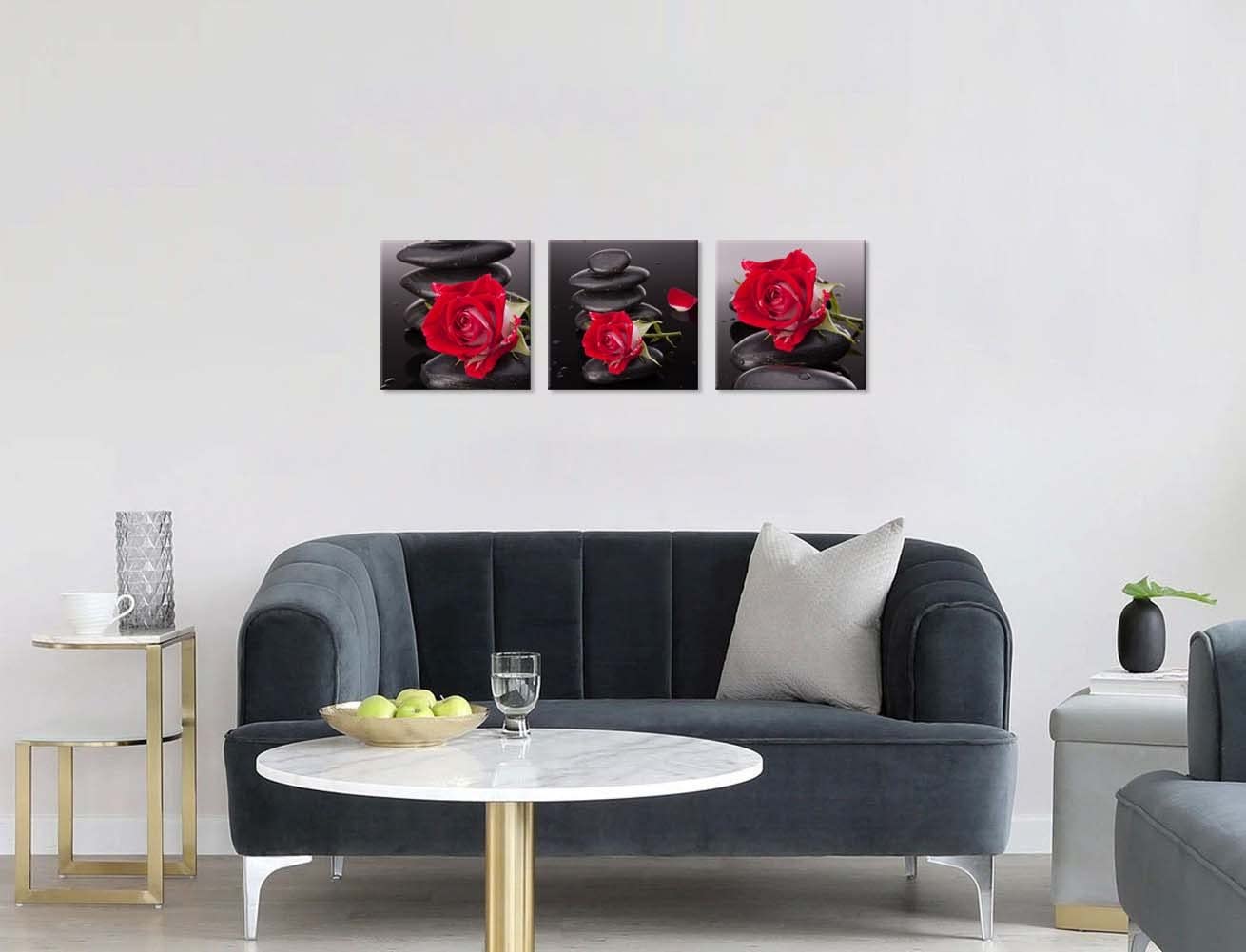 NAN Wind Red Canvas Wall Art Bedroom Wall Decor Black and White Zen Stones Spa Wall Art Rose Pictures for Living Room Kitchen Home Decorations Red Bathroom Accessories Flower Paintings Room Artwork