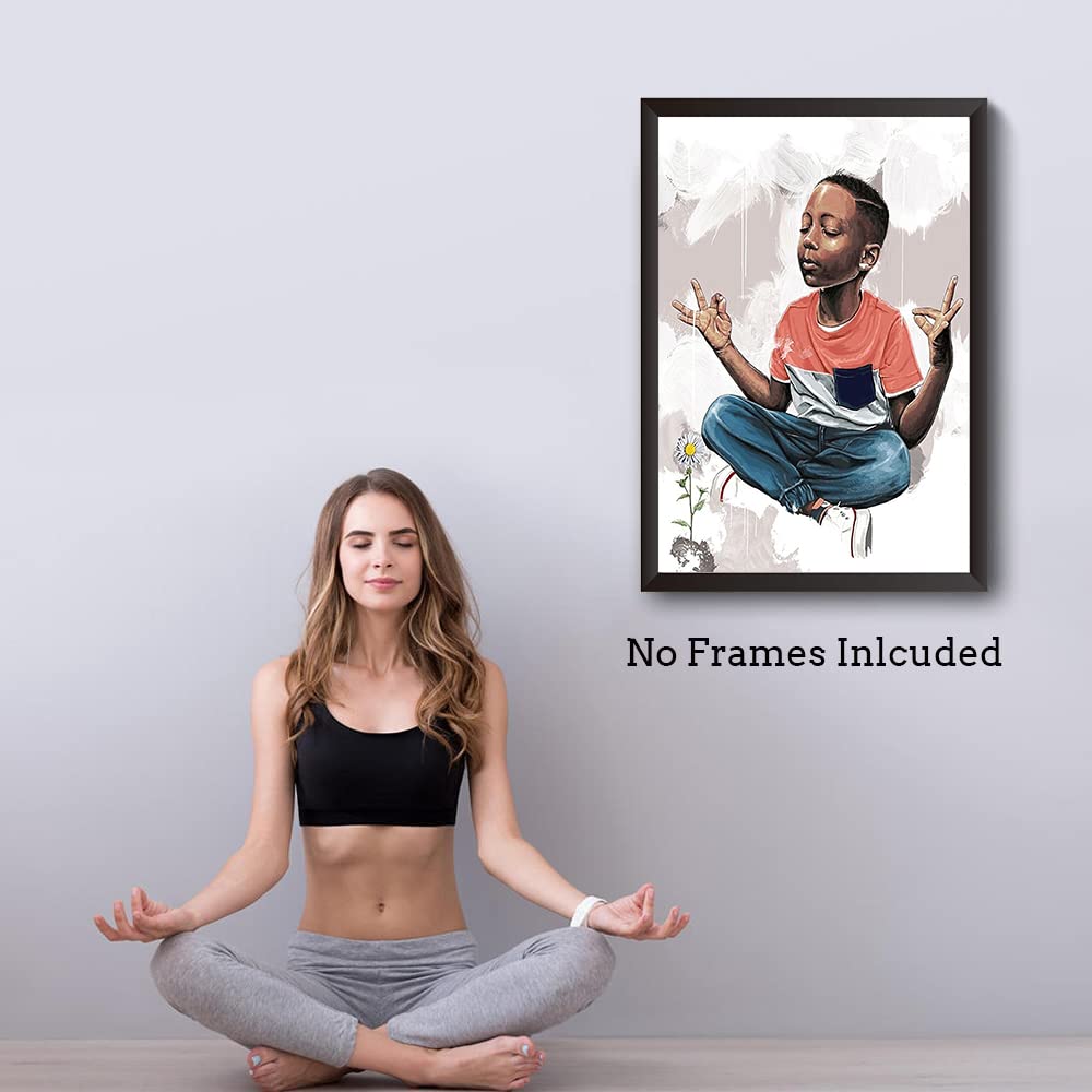 Black Boy Yoga Meditation Wall Art Poster, Motivational African American Boy Art Poster, Meditation Canvas Poster, Healthy Relaxing Spiritual Wall Decor for Bedroom Living Room, 16"x24"-No Frame