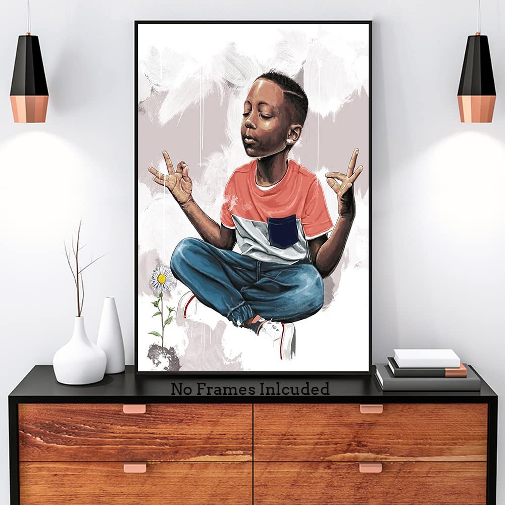 Black Boy Yoga Meditation Wall Art Poster, Motivational African American Boy Art Poster, Meditation Canvas Poster, Healthy Relaxing Spiritual Wall Decor for Bedroom Living Room, 16"x24"-No Frame