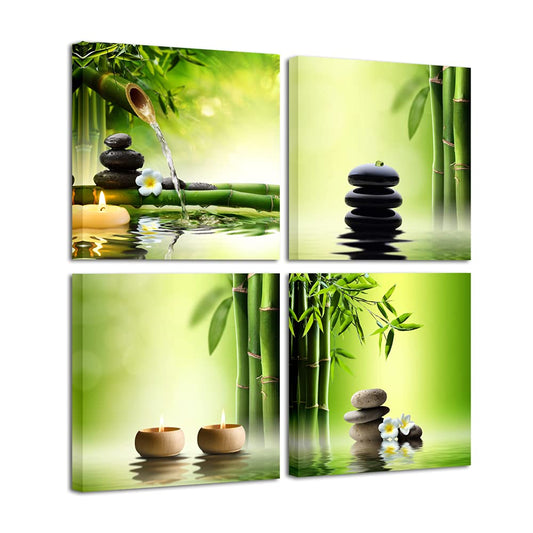 Pyradecor Modern 4 Panel Stretched Contemporary Zen Canvas Prints Perfect Bamboo Green Pictures on Canvas Wall Art for Home Office Decorations Living Room Bedroom