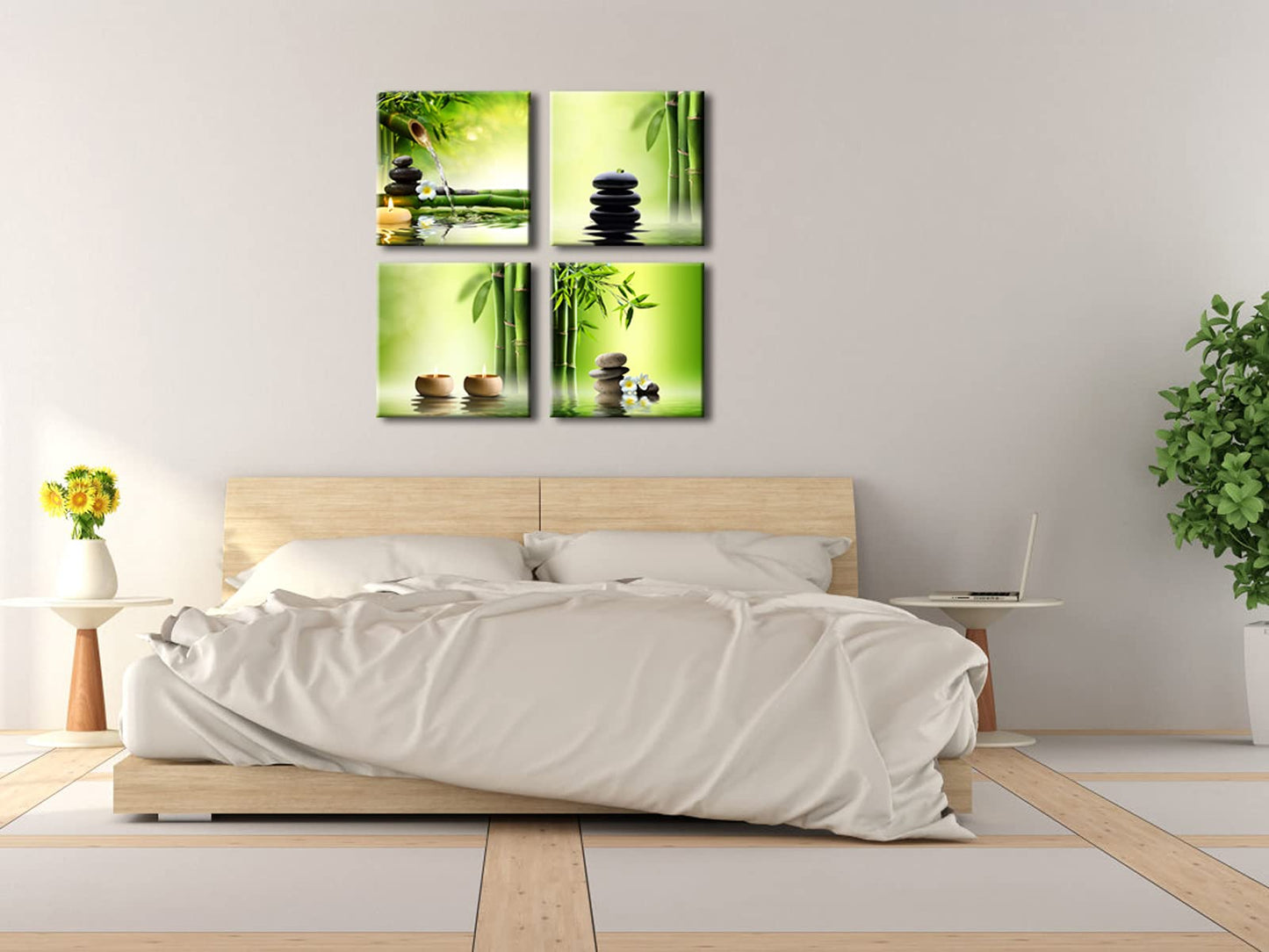 Pyradecor Modern 4 Panel Stretched Contemporary Zen Canvas Prints Perfect Bamboo Green Pictures on Canvas Wall Art for Home Office Decorations Living Room Bedroom