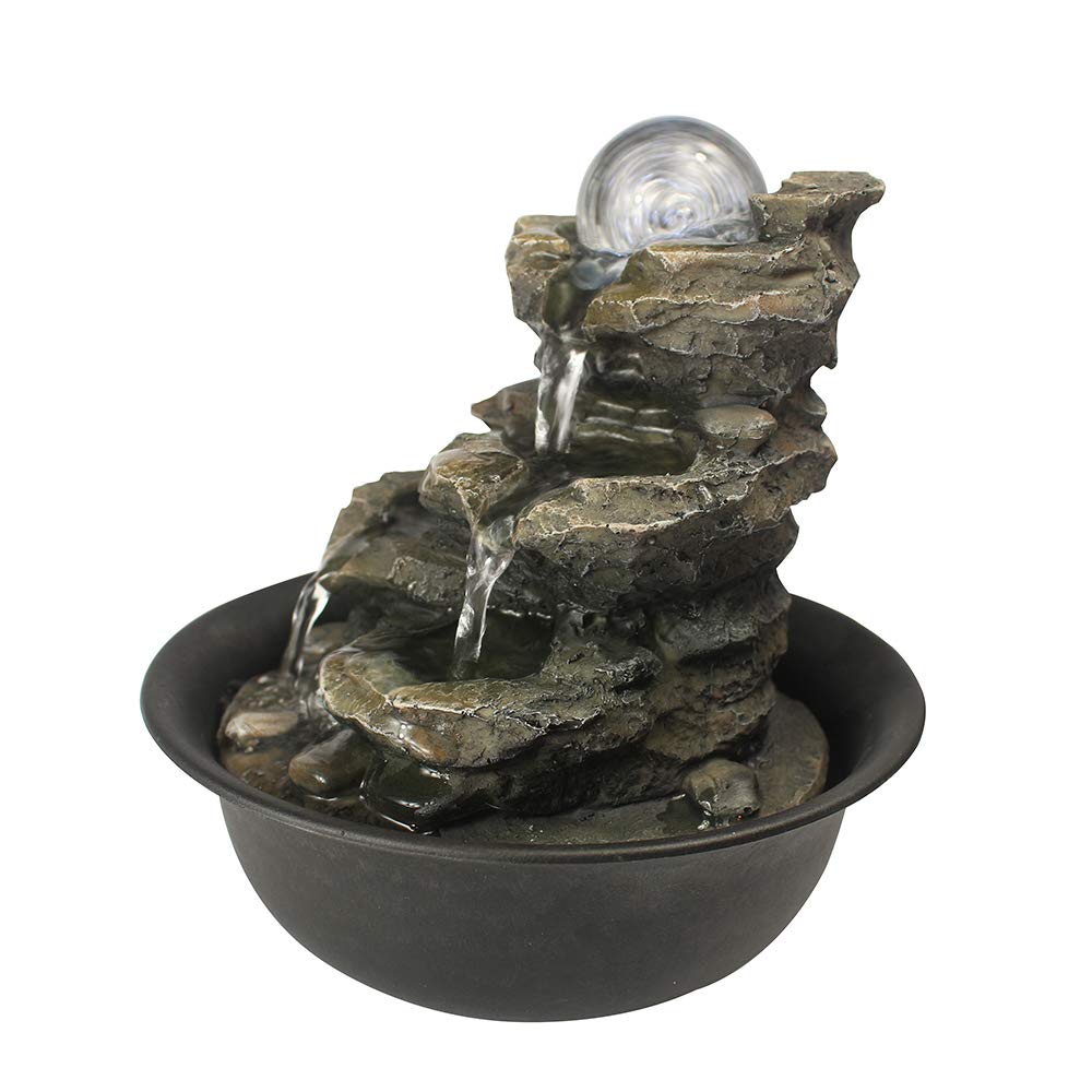 Spinning Orb Rock Cascading Tabletop Fountain, Zen Meditation Indoor Waterfall Feature with LED Light for Home Office Bedroom Relaxation