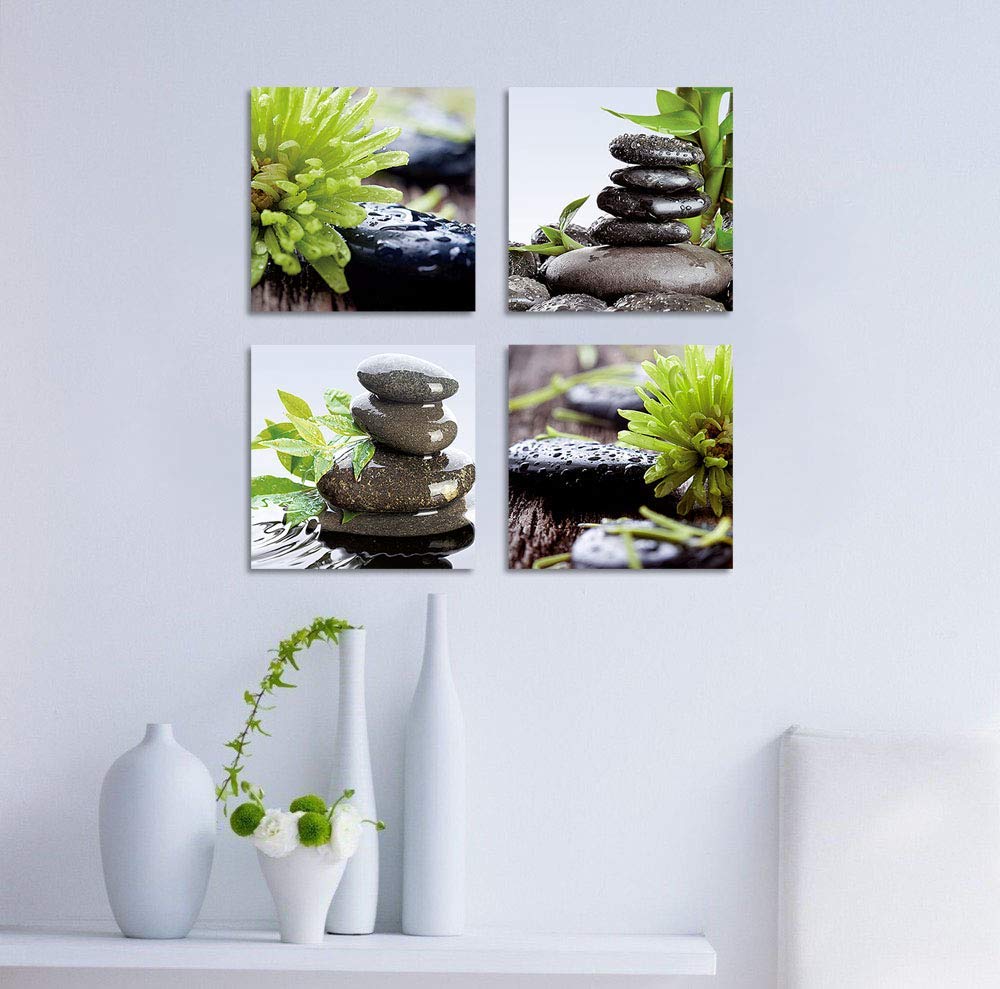 Zen Bathroom Decor Meditation Canvas Wall Art, Water Stone and Green Plants Pictures for Yoga Spa and Office Calming, Relaxing Wall Art for Office Bedroom Living Room (12x12in, 4 Panels)