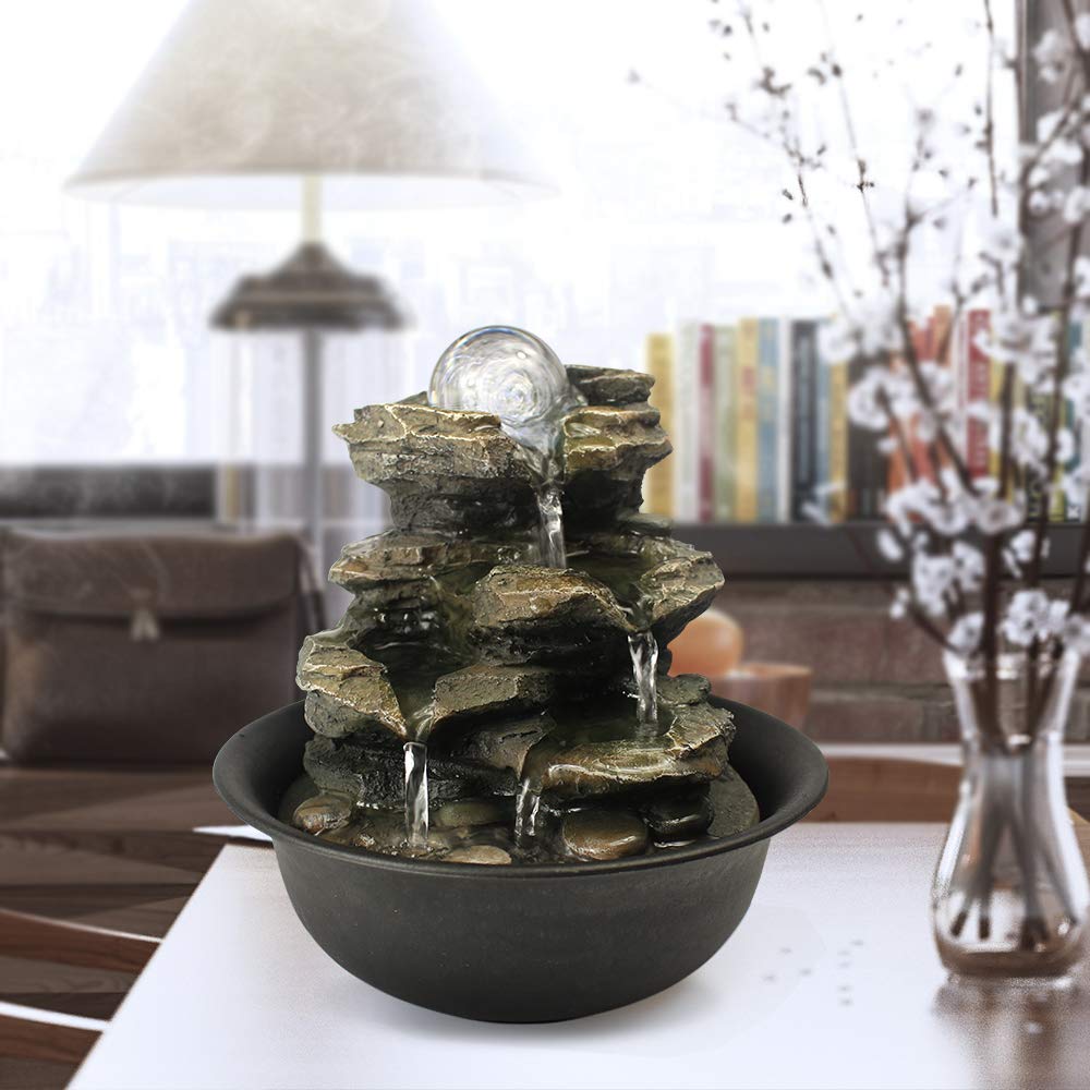 Spinning Orb Rock Cascading Tabletop Fountain, Zen Meditation Indoor Waterfall Feature with LED Light for Home Office Bedroom Relaxation