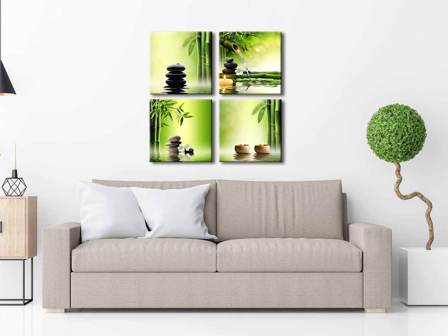 Pyradecor Modern 4 Panel Stretched Contemporary Zen Canvas Prints Perfect Bamboo Green Pictures on Canvas Wall Art for Home Office Decorations Living Room Bedroom