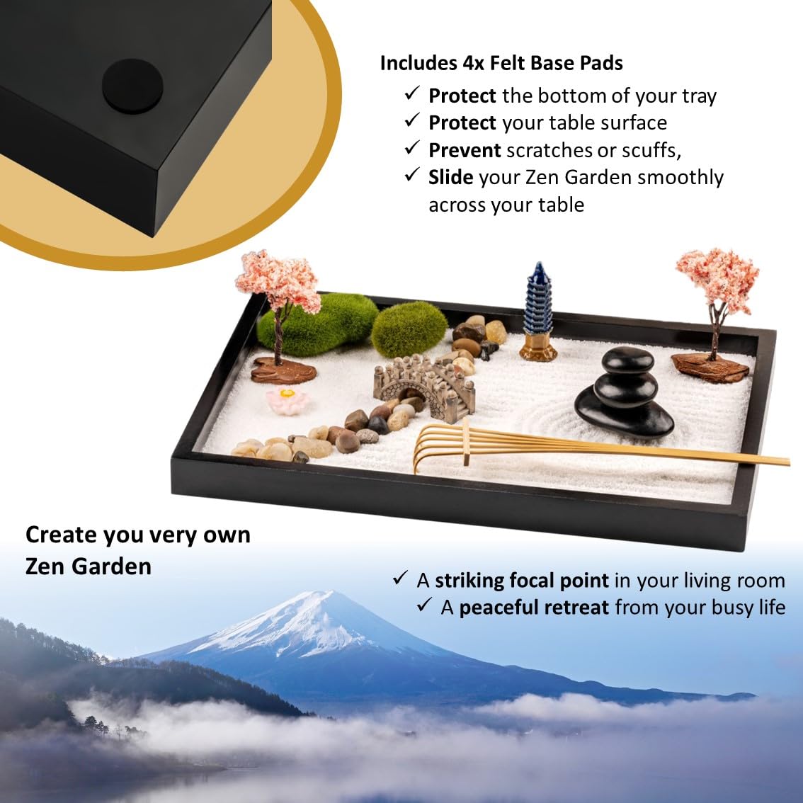 Island Falls Home Zen Garden Kit 11x8in. Beautiful Japanese Decor Mini Rock Garden Gift Set for Home, Office Desk. Zen Sand Garden, 6 Tools, 15 Accessories. Sand Tray Therapy Desktop Meditation Room