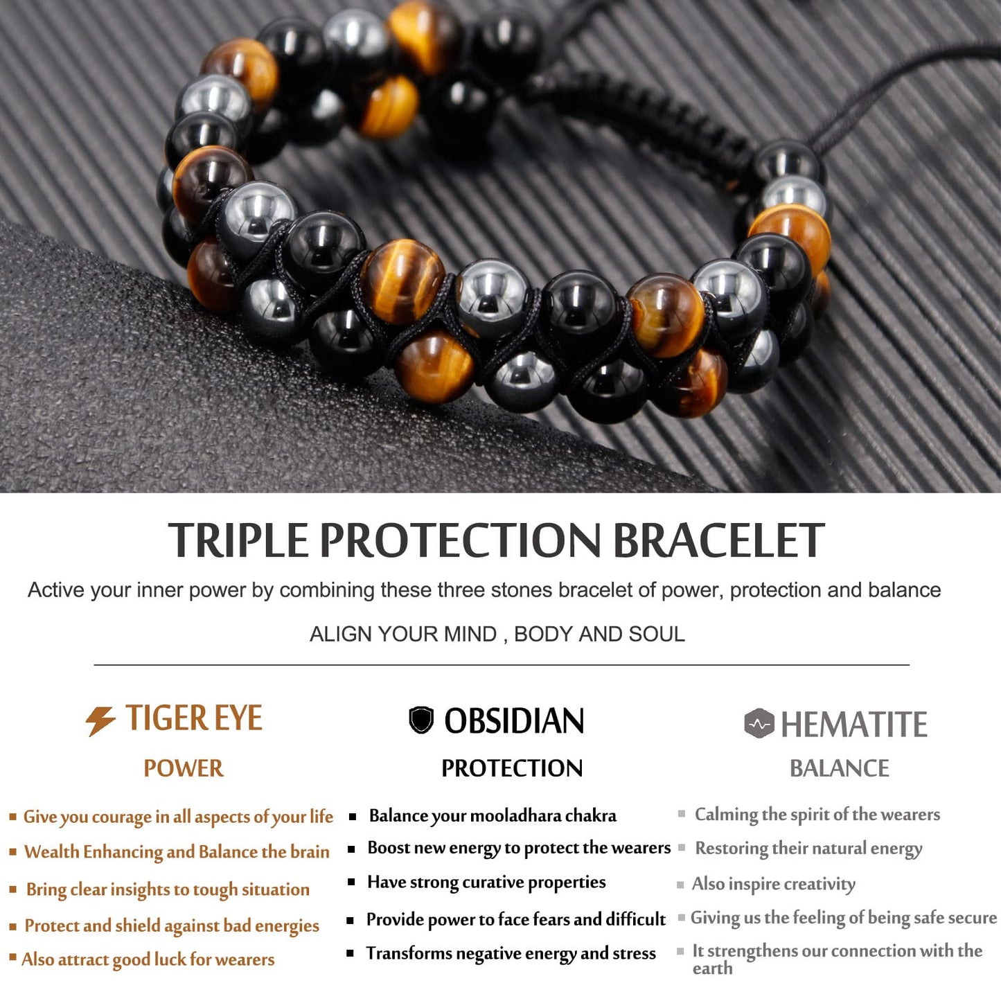 HASKARE Triple Protection Bracelet, Genuine Tigers Eye Black Obsidian and Hematite 8mm Beads Bracelet for Men Women, Crystal Jewelry Stone Bracelets Christmas Gifts for Men Bring Luck Prosperity