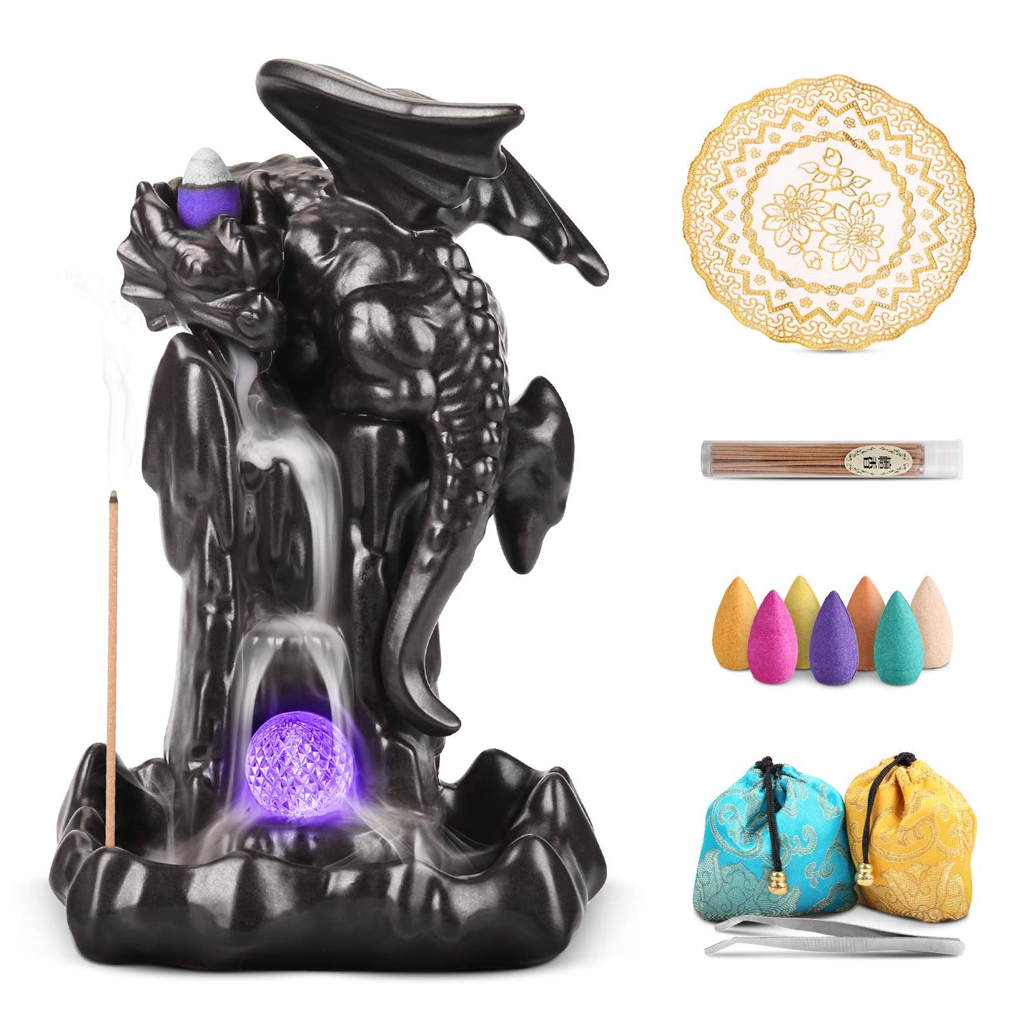 Dragon Backflow Incense Holder Waterfall Incense Burner, Smoke Incense Holder,with 70 Backflow Incense Cones+50 Incense Stick,1 Mat,1 Tweezers Ornament Home Decor（Black Brown）