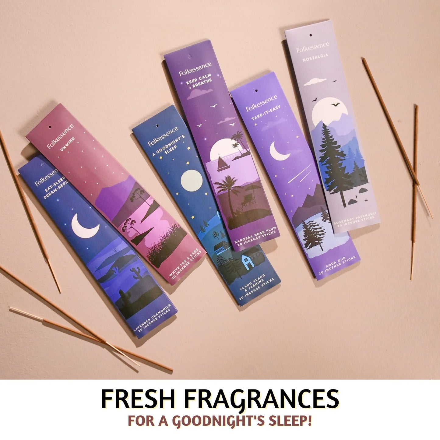 Folkulture Incense Sticks, Set of 6 (120 Sticks) - Rosemary, Jasmine, Lavender, Sage, Sleep Incense Sticks, Insence Sticks Variety Pack - Insense Sticks, Natural and Non Toxic (Sleep)