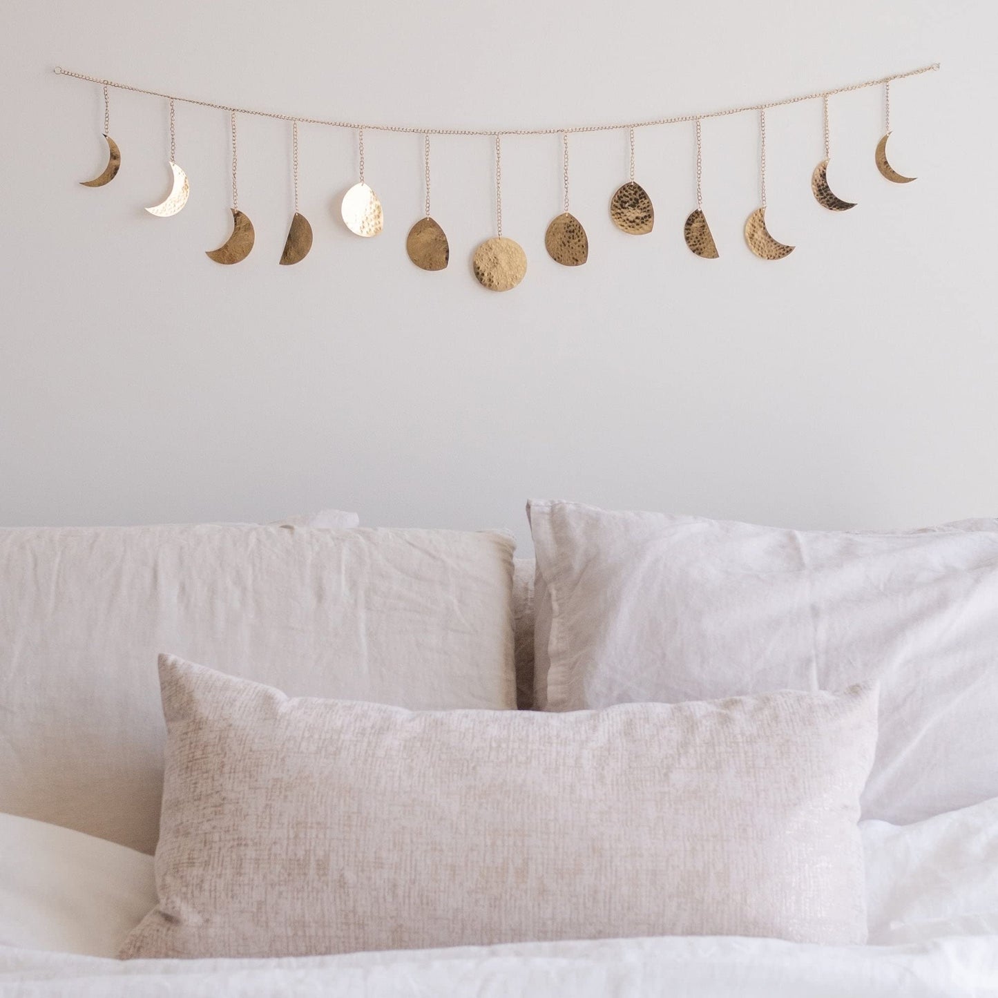 Moon Phase Wall Hanging, Handmade Gold Metal Moons Decor 13 Moons 36" Garland, Phases of The Moon, Celestial Wall Art, Bohemian Gold Room Decor Aesthetic Zen Boho Girl Bedroom Headboard Dorm