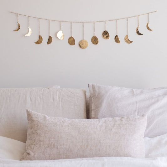 Moon Phase Wall Hanging, Handmade Gold Metal Moons Decor 13 Moons 36" Garland, Phases of The Moon, Celestial Wall Art, Bohemian Gold Room Decor Aesthetic Zen Boho Girl Bedroom Headboard Dorm