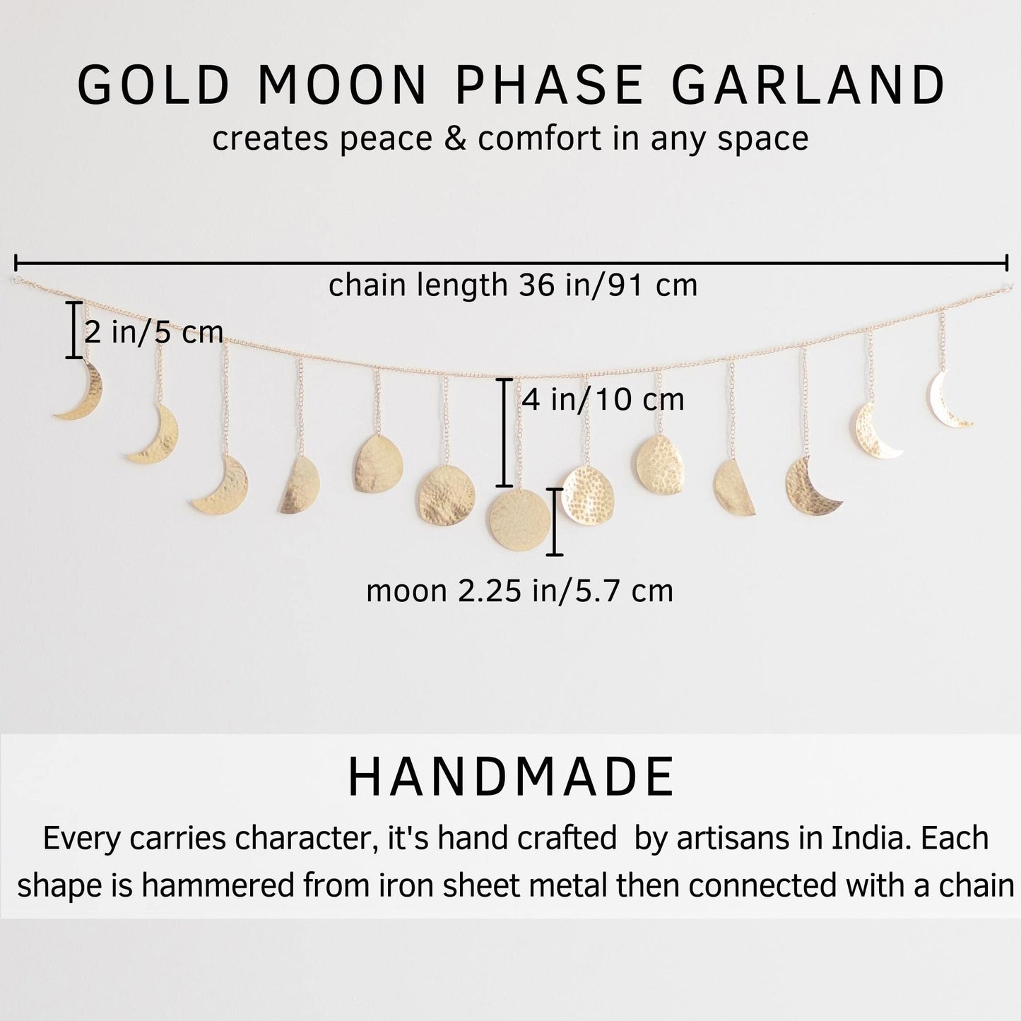 Moon Phase Wall Hanging, Handmade Gold Metal Moons Decor 13 Moons 36" Garland, Phases of The Moon, Celestial Wall Art, Bohemian Gold Room Decor Aesthetic Zen Boho Girl Bedroom Headboard Dorm