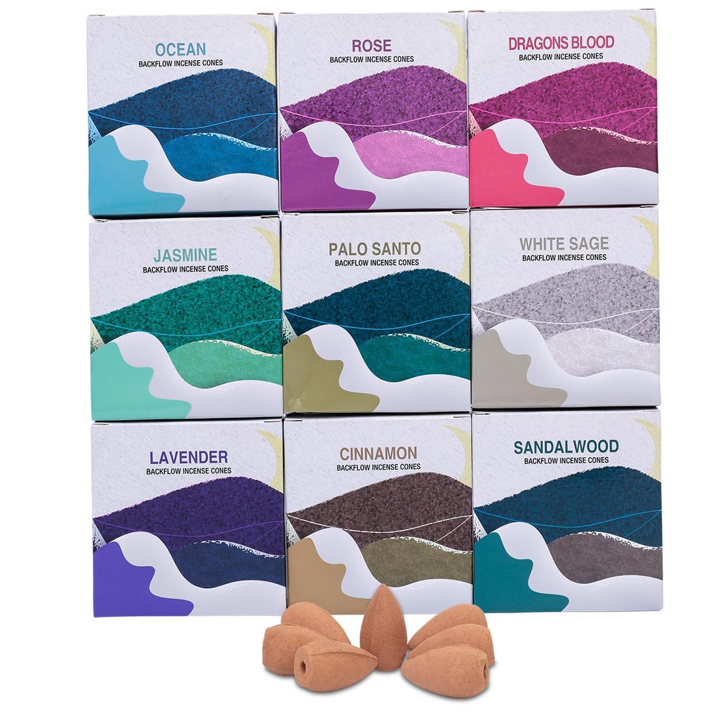 Backflow Incense Cones - Set of 9 Waterfall Incense Cones Scented - Palo Santo, Jasmine, Lavender, Ocean, Sandalwood, Cinnamon, White Sage, Dragons Blood, Rose for Meditation, Yoga and Aromatherapy