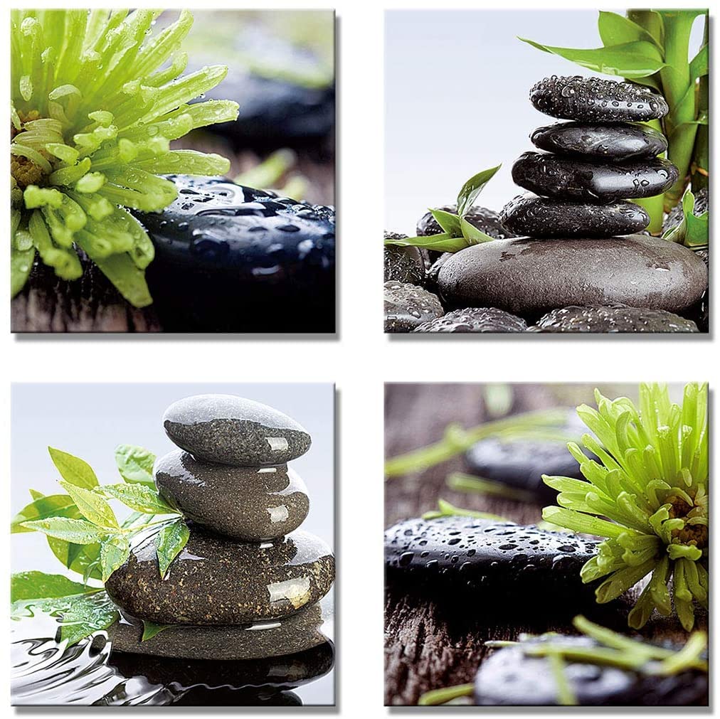 Zen Bathroom Decor Meditation Canvas Wall Art, Water Stone and Green Plants Pictures for Yoga Spa and Office Calming, Relaxing Wall Art for Office Bedroom Living Room (12x12in, 4 Panels)