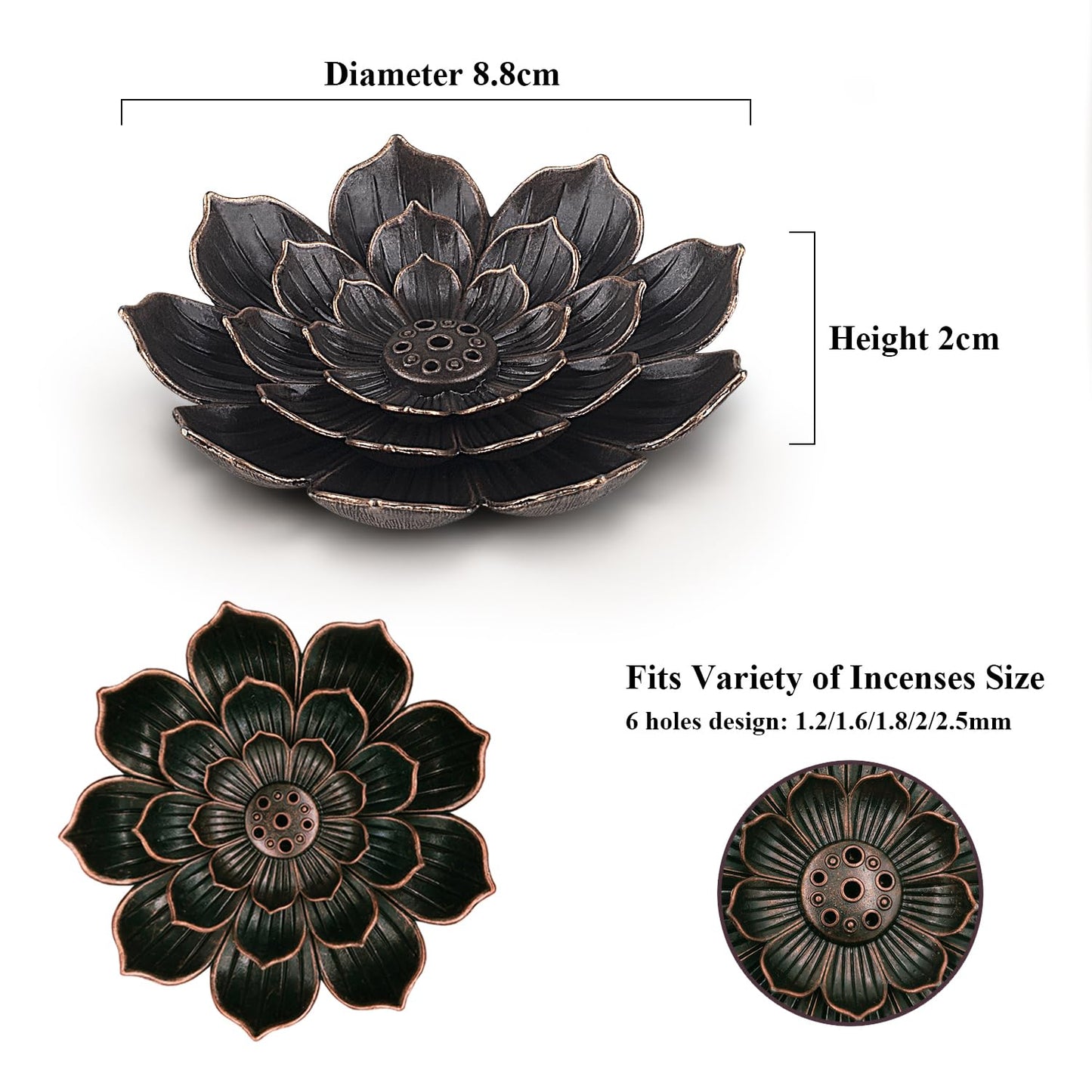 Incense Burner - Lotus Stick Incense Holder 6 Incense Holes with Detachable Ash Catcher 2Pcs