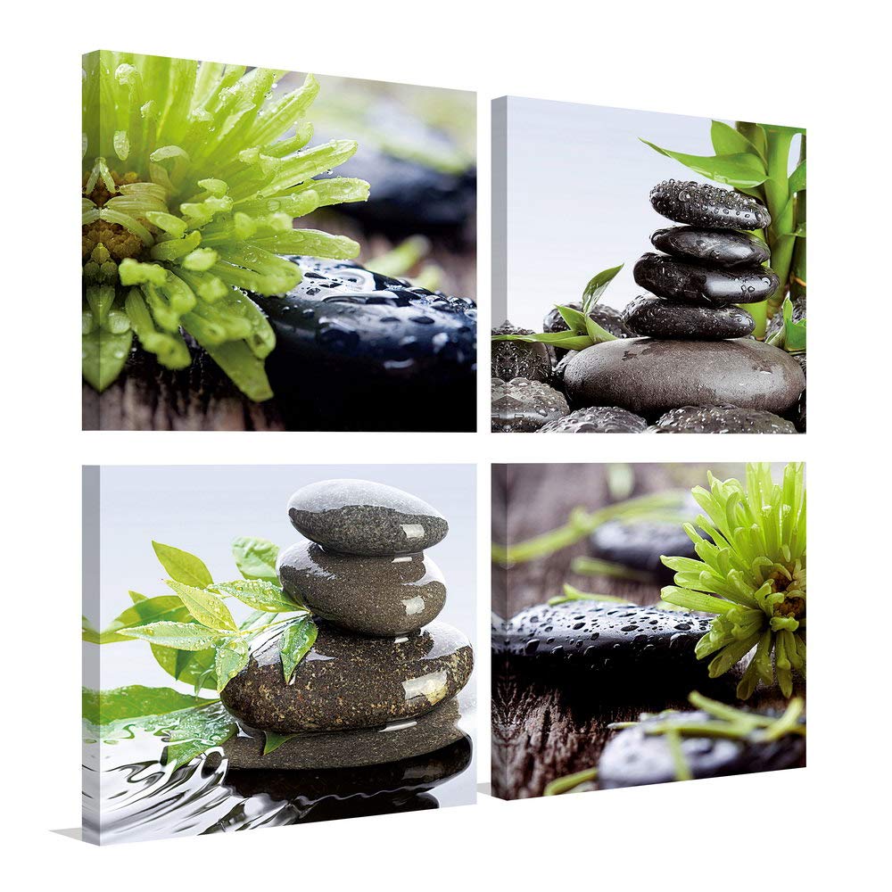 Zen Bathroom Decor Meditation Canvas Wall Art, Water Stone and Green Plants Pictures for Yoga Spa and Office Calming, Relaxing Wall Art for Office Bedroom Living Room (12x12in, 4 Panels)