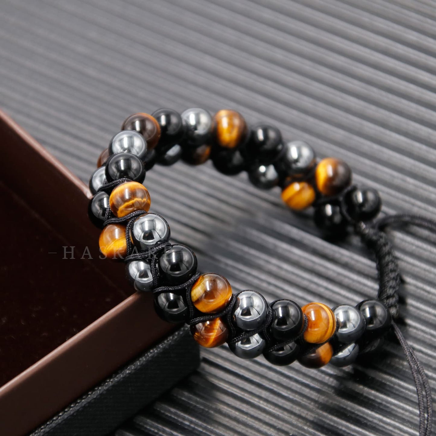 HASKARE Triple Protection Bracelet, Genuine Tigers Eye Black Obsidian and Hematite 8mm Beads Bracelet for Men Women, Crystal Jewelry Stone Bracelets Christmas Gifts for Men Bring Luck Prosperity