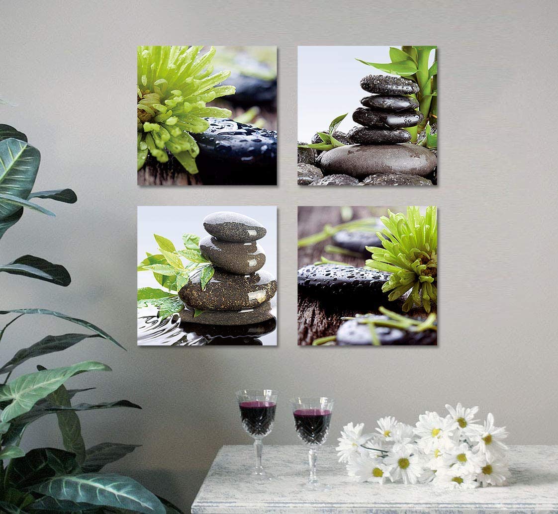 Zen Bathroom Decor Meditation Canvas Wall Art, Water Stone and Green Plants Pictures for Yoga Spa and Office Calming, Relaxing Wall Art for Office Bedroom Living Room (12x12in, 4 Panels)