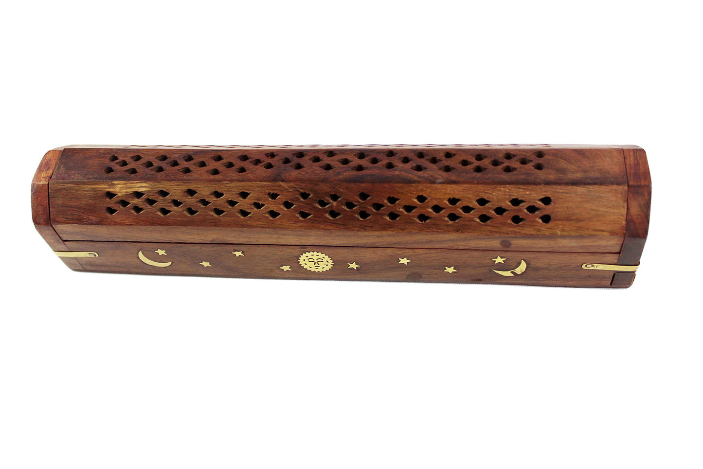 Sheesham Wood Incense Burner Holder - Set of 2 Coffin Style Sun Moon Inlay Handmade Aromatherapy Room Freshener Fragrance Cone Incense Stick Burner Ash Catcher - Zen Home Gift - 12x2x2 - COTTON CRAFT