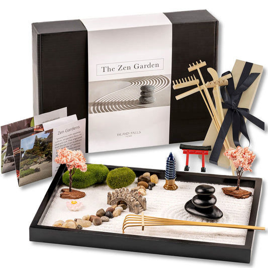 Island Falls Home Zen Garden Kit 11x8in. Beautiful Japanese Decor Mini Rock Garden Gift Set for Home, Office Desk. Zen Sand Garden, 6 Tools, 15 Accessories. Sand Tray Therapy Desktop Meditation Room