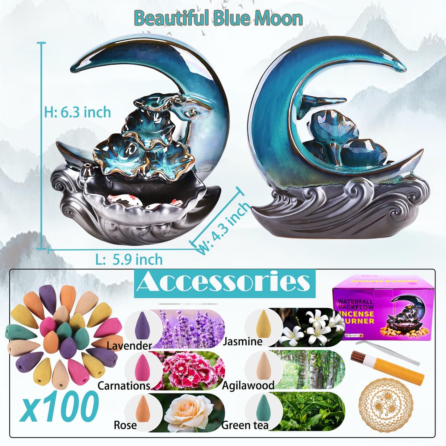 New Moon Backflow Incense Holder, Ceramic Hand-Made Incense Fountain Burner with 100 Backflow Incense Cones