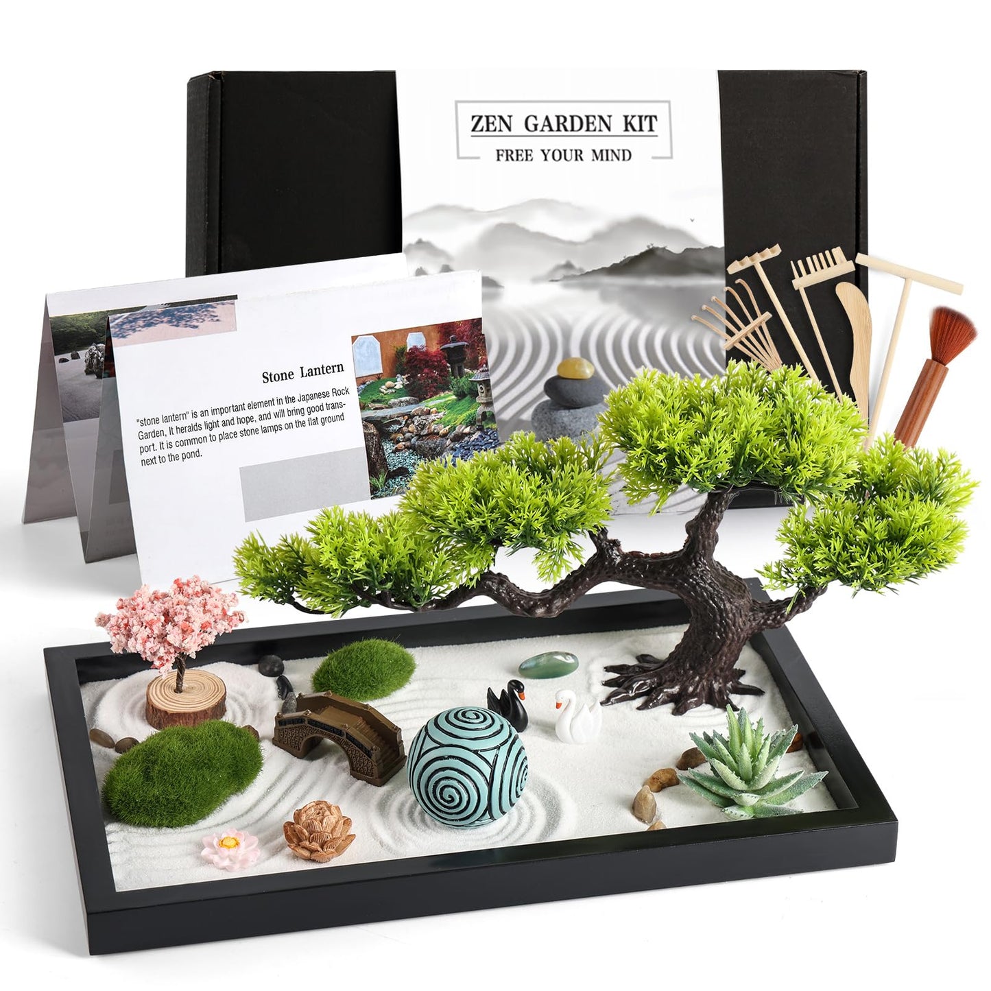 Zen Garden Kit for Desk Decor - Premium Beautiful Japanese Mini Zen Sand Garden Box Set for Home, Office with Black Wooden Tray, White Sand, Tools, Sandball - Desktop Meditation, Accessories