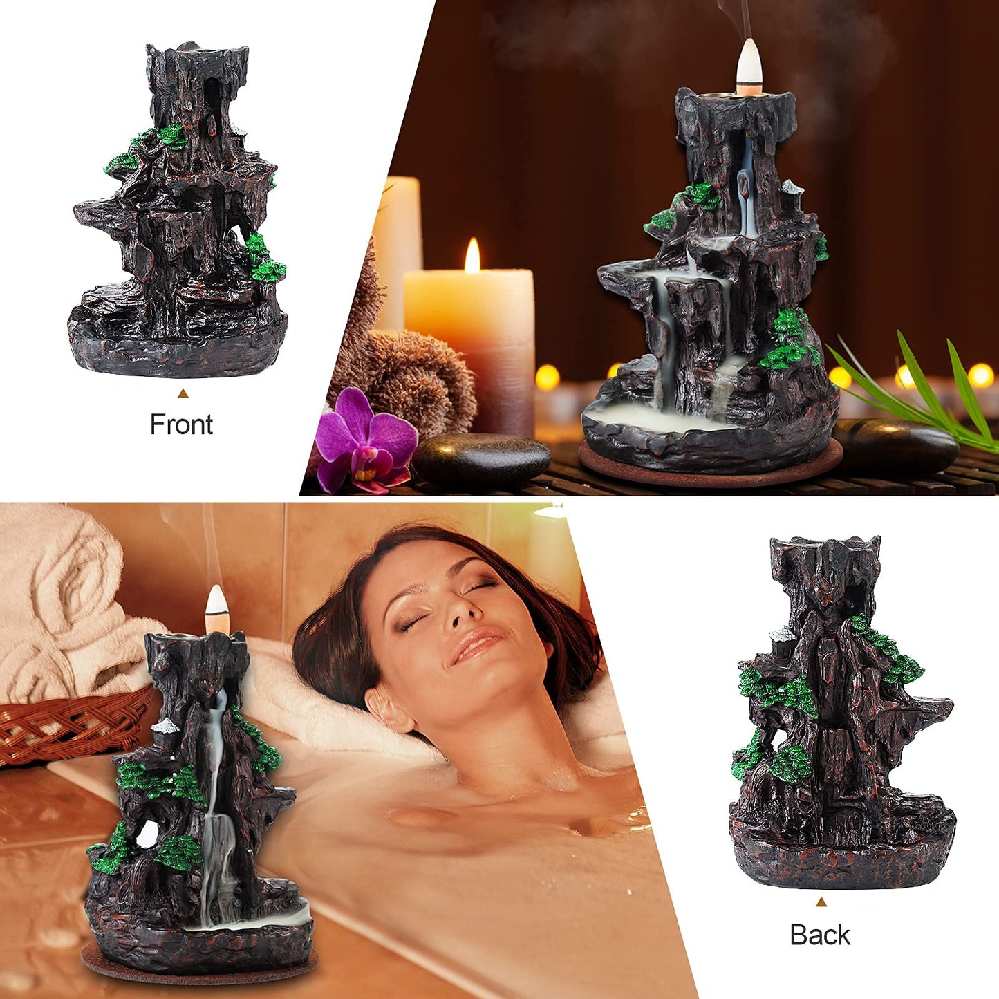 SPACEKEEPER Incense Burner, Backflow Incense Holder 2 sides Waterfall Incense Burnier with 120 Backflow Incense Cones, 30 Incense Sticks, Aromatcherapy Ornamen for home