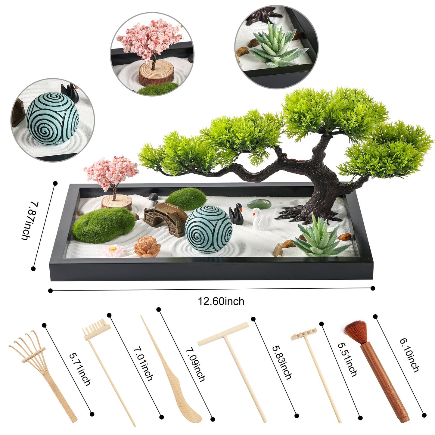 Zen Garden Kit for Desk Decor - Premium Beautiful Japanese Mini Zen Sand Garden Box Set for Home, Office with Black Wooden Tray, White Sand, Tools, Sandball - Desktop Meditation, Accessories