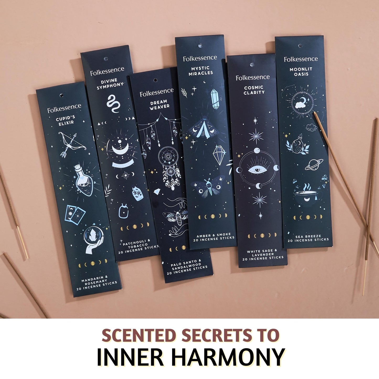 Folkulture Incense Sticks - Set of 6 Insenses (120 Insence Sticks) - Palo Santo & Sandalwood, White Sage, Lavender, Patchouli, Rosemary, Blue Lotus Inscents or Inciensos, Sleep Incents