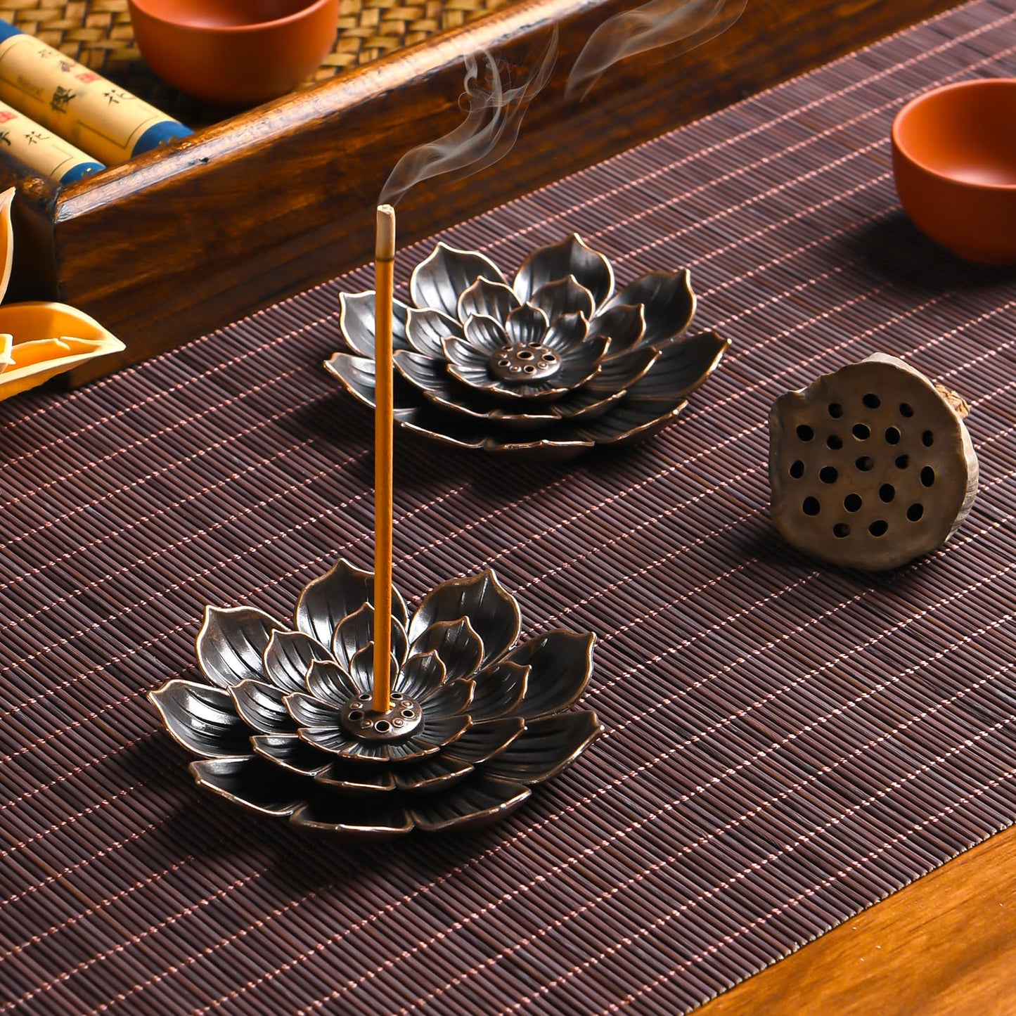 Incense Burner - Lotus Stick Incense Holder 6 Incense Holes with Detachable Ash Catcher 2Pcs