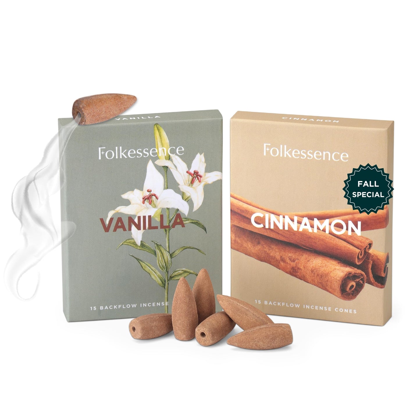 Folkulture Fall Backflow Incense Cones for Waterfall, 30 Total Waterfall Incense Cones Scented, Dual Set - Cones Incense, Assorted Natural Fragrances - Vanilla & Cinnamon Inscents-Cones Waterfall