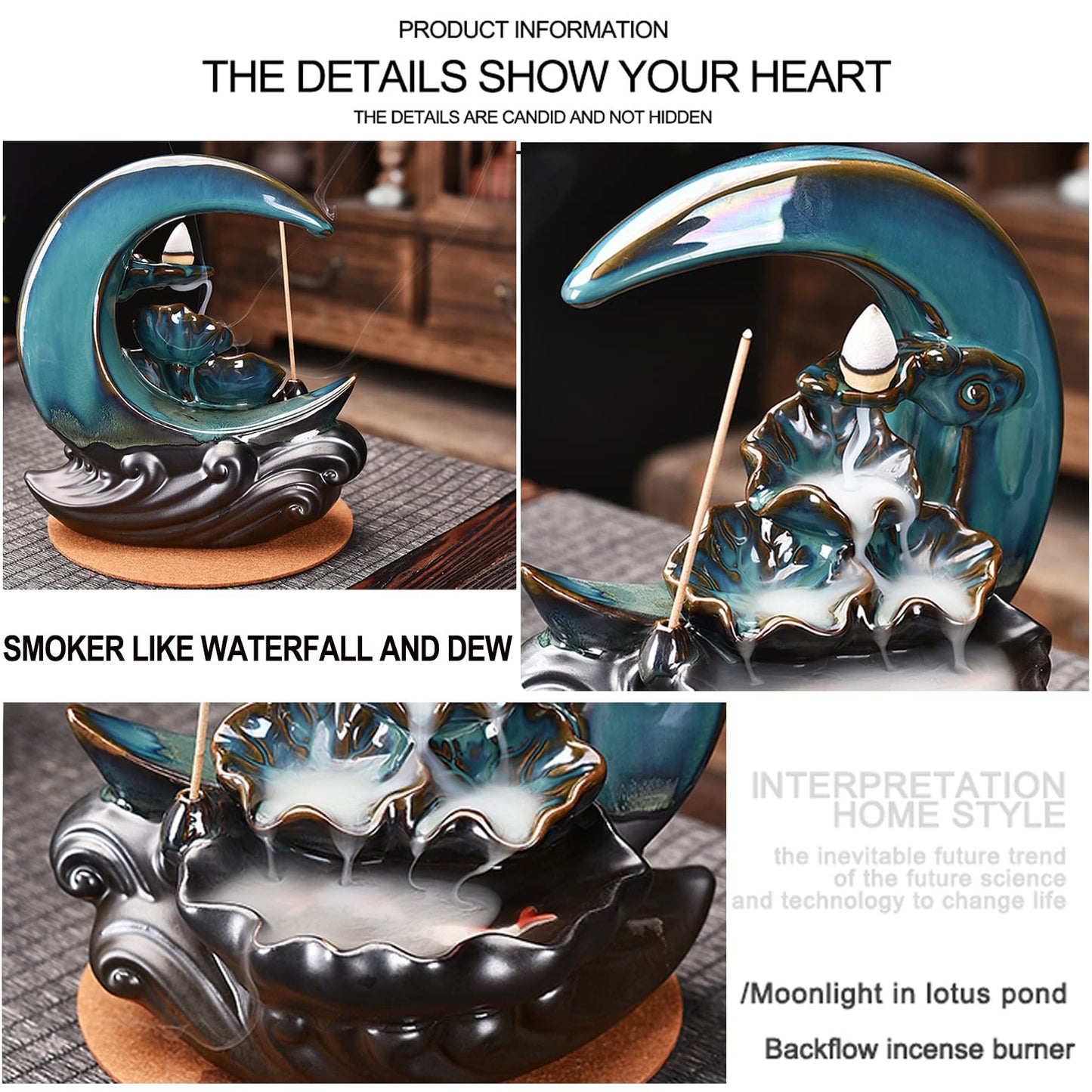 New Moon Backflow Incense Holder, Ceramic Hand-Made Incense Fountain Burner with 100 Backflow Incense Cones