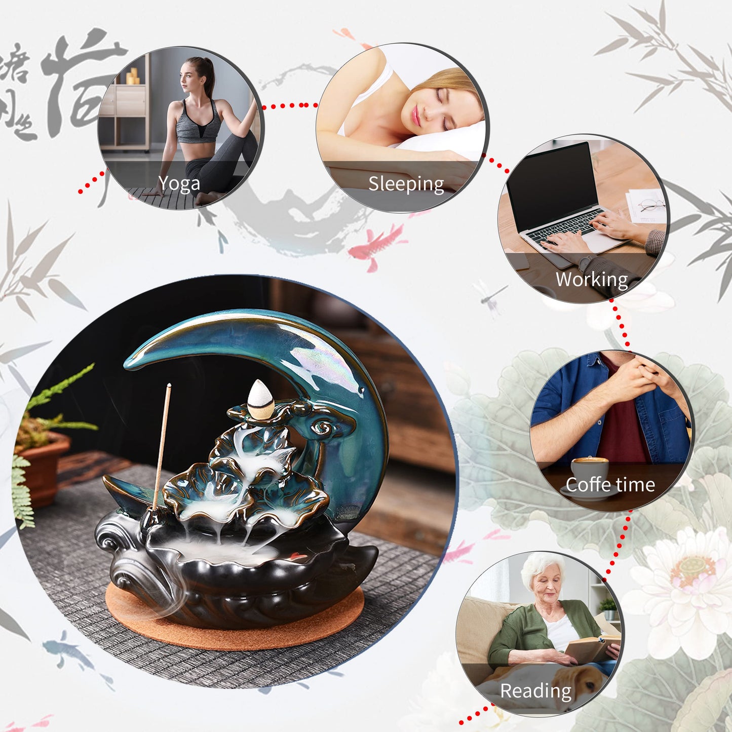 New Moon Backflow Incense Holder, Ceramic Hand-Made Incense Fountain Burner with 100 Backflow Incense Cones