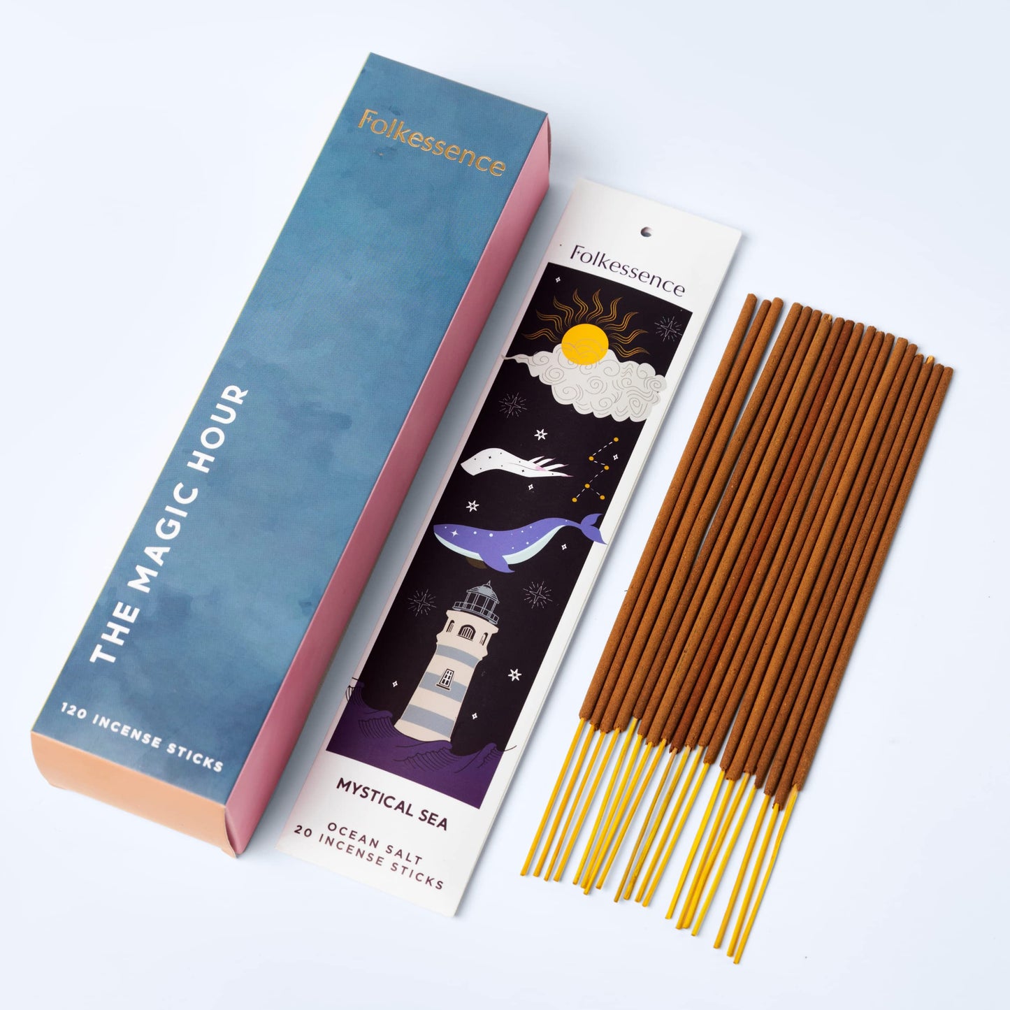 Folkulture Incense Sticks - Set of 6 Incenses (120 Incence Sticks) for Positive Aura - Coconut Mango, Oriental Aqua, Green Tea, Ocean Salt, Rose Geranium, Orange Blossom, Boho Gift Set, Magic Hour