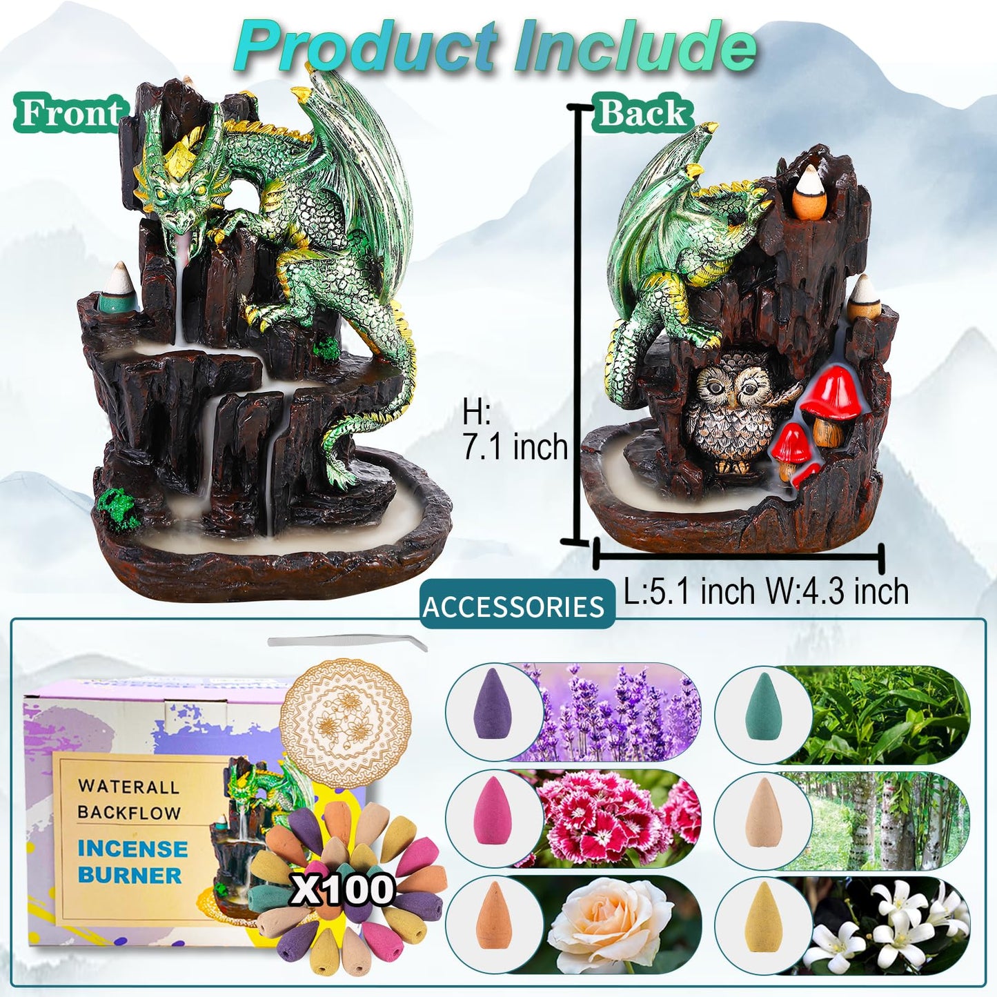 Dragon Backflow 2 Sided Mountain Waterfall Incense Burner, Fountain Smoke Incense Holder with 00 Backflow Incense Cones