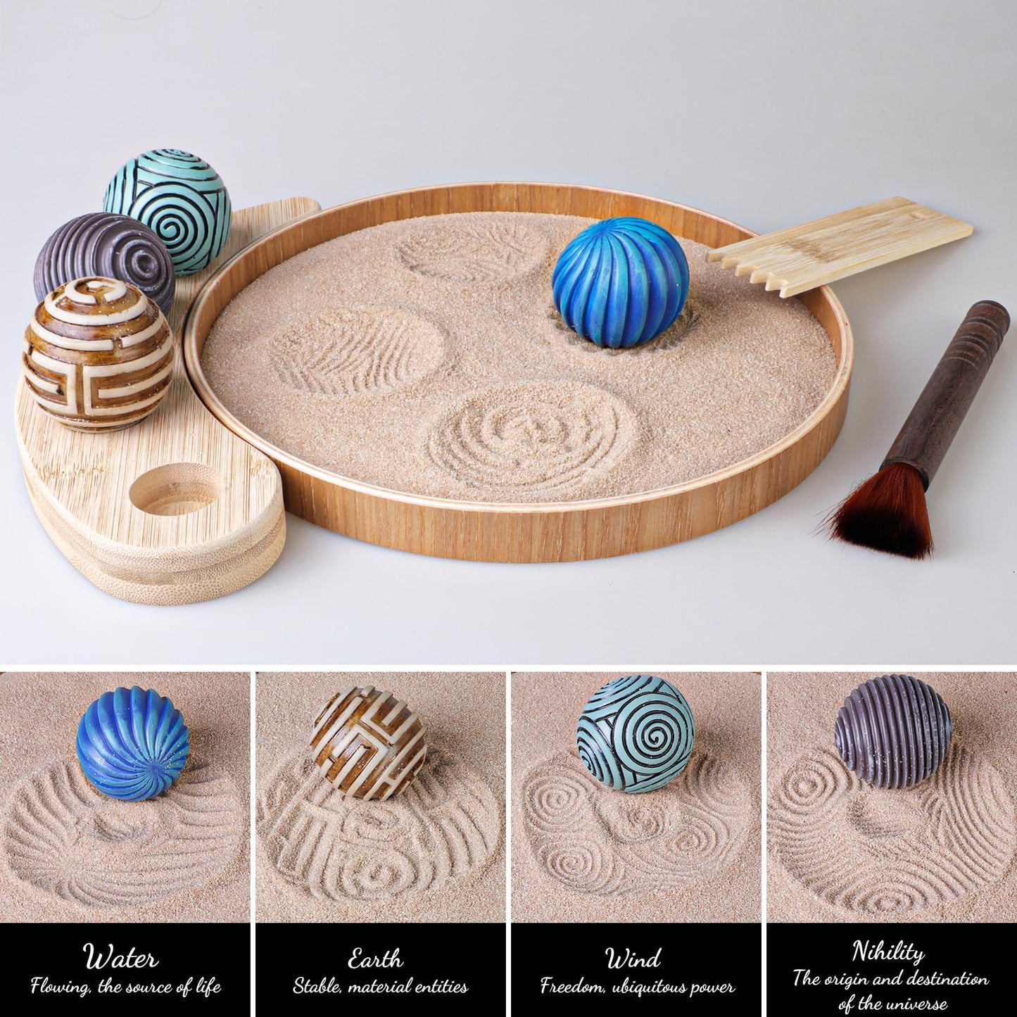 Melonva Mini Zen Garden for Desk 9.5''x9.5'' Automatic Desk Zen Garden Accessories Zen Sand Garden Bamboo Sand Tray Therapy Kit Zen Office Decor Meditation Room Decor with 4 Stamp Spheres