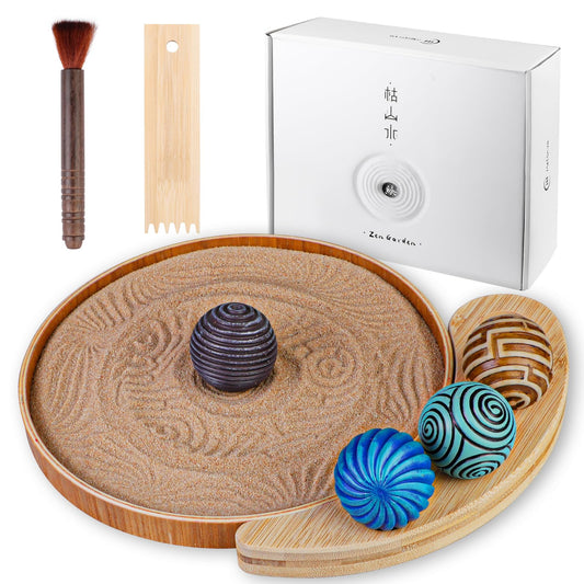 Melonva Mini Zen Garden for Desk 9.5''x9.5'' Automatic Desk Zen Garden Accessories Zen Sand Garden Bamboo Sand Tray Therapy Kit Zen Office Decor Meditation Room Decor with 4 Stamp Spheres