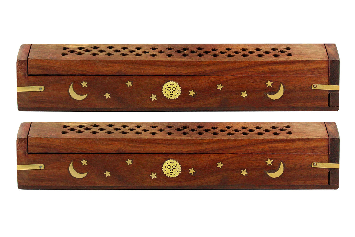 Sheesham Wood Incense Burner Holder - Set of 2 Coffin Style Sun Moon Inlay Handmade Aromatherapy Room Freshener Fragrance Cone Incense Stick Burner Ash Catcher - Zen Home Gift - 12x2x2 - COTTON CRAFT