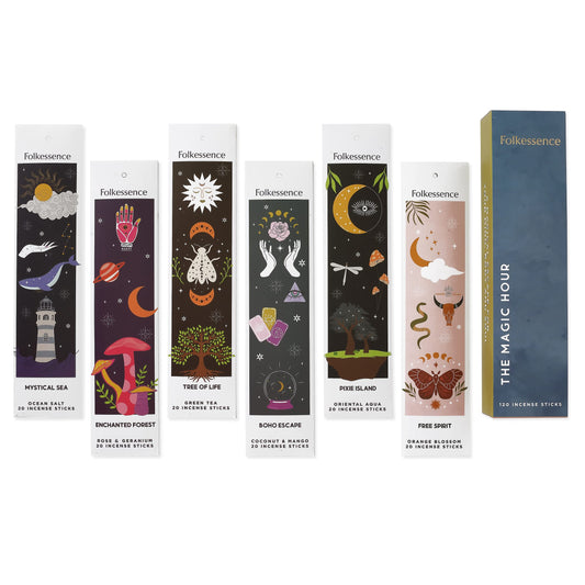 Folkulture Incense Sticks - Set of 6 Incenses (120 Incence Sticks) for Positive Aura - Coconut Mango, Oriental Aqua, Green Tea, Ocean Salt, Rose Geranium, Orange Blossom, Boho Gift Set, Magic Hour