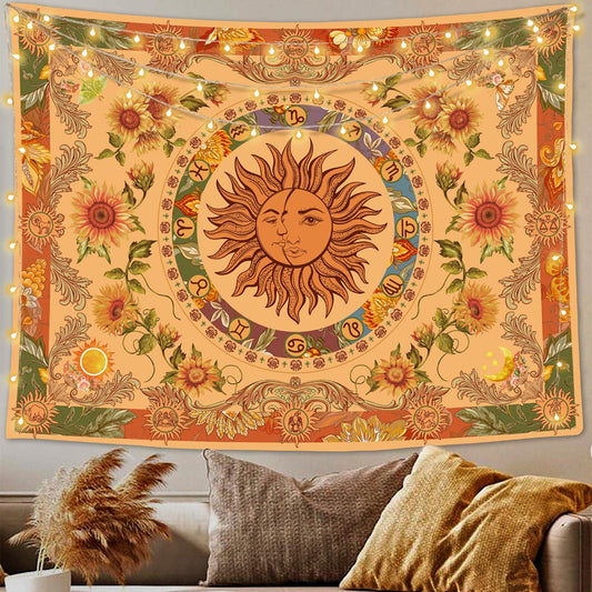 Accnicc Yellow Sun and Moon Tapestry Vintage Indie Boho Tapestry Wall Hanging with Sunflowers Butterfly Moth Constellation Aesthetic Wall Tapestries for Bedroom Dorm Living Room (Orange, 36'' × 48'')