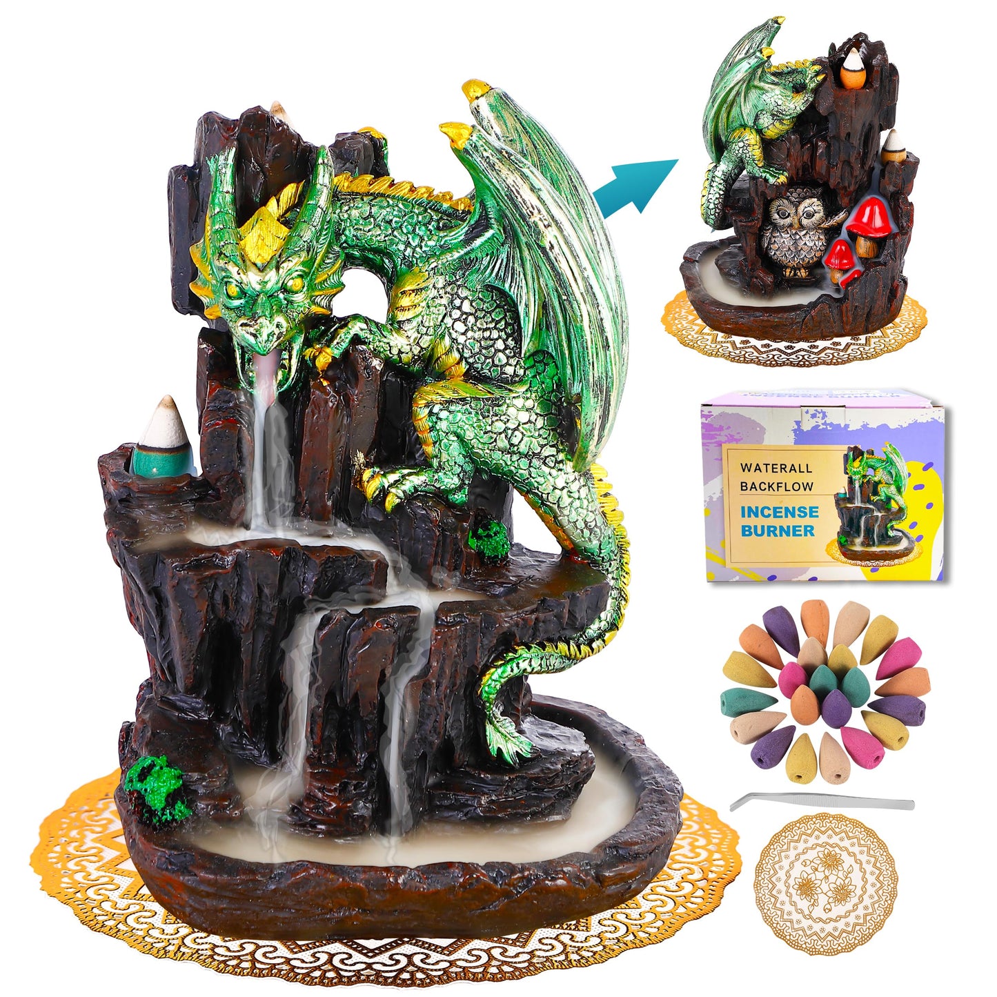 Dragon Backflow 2 Sided Mountain Waterfall Incense Burner, Fountain Smoke Incense Holder with 00 Backflow Incense Cones