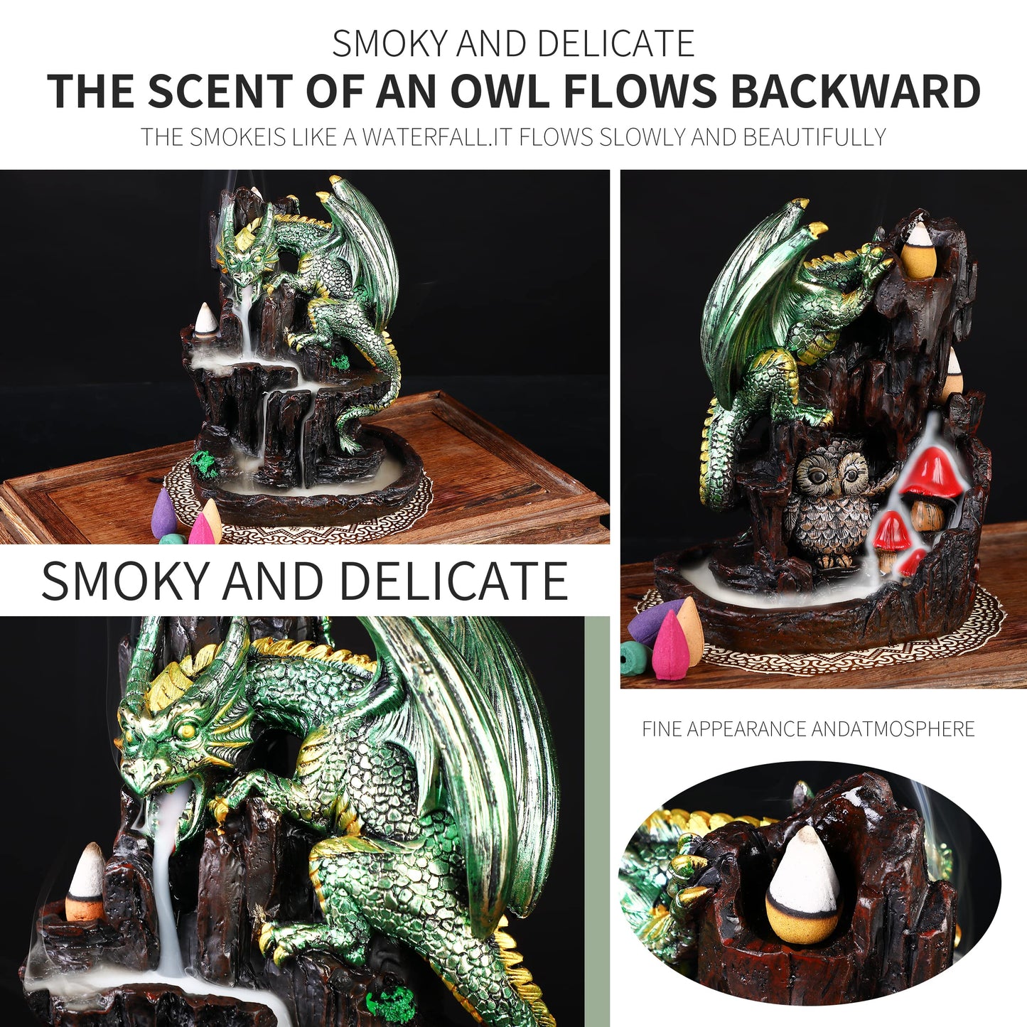 Dragon Backflow 2 Sided Mountain Waterfall Incense Burner, Fountain Smoke Incense Holder with 00 Backflow Incense Cones