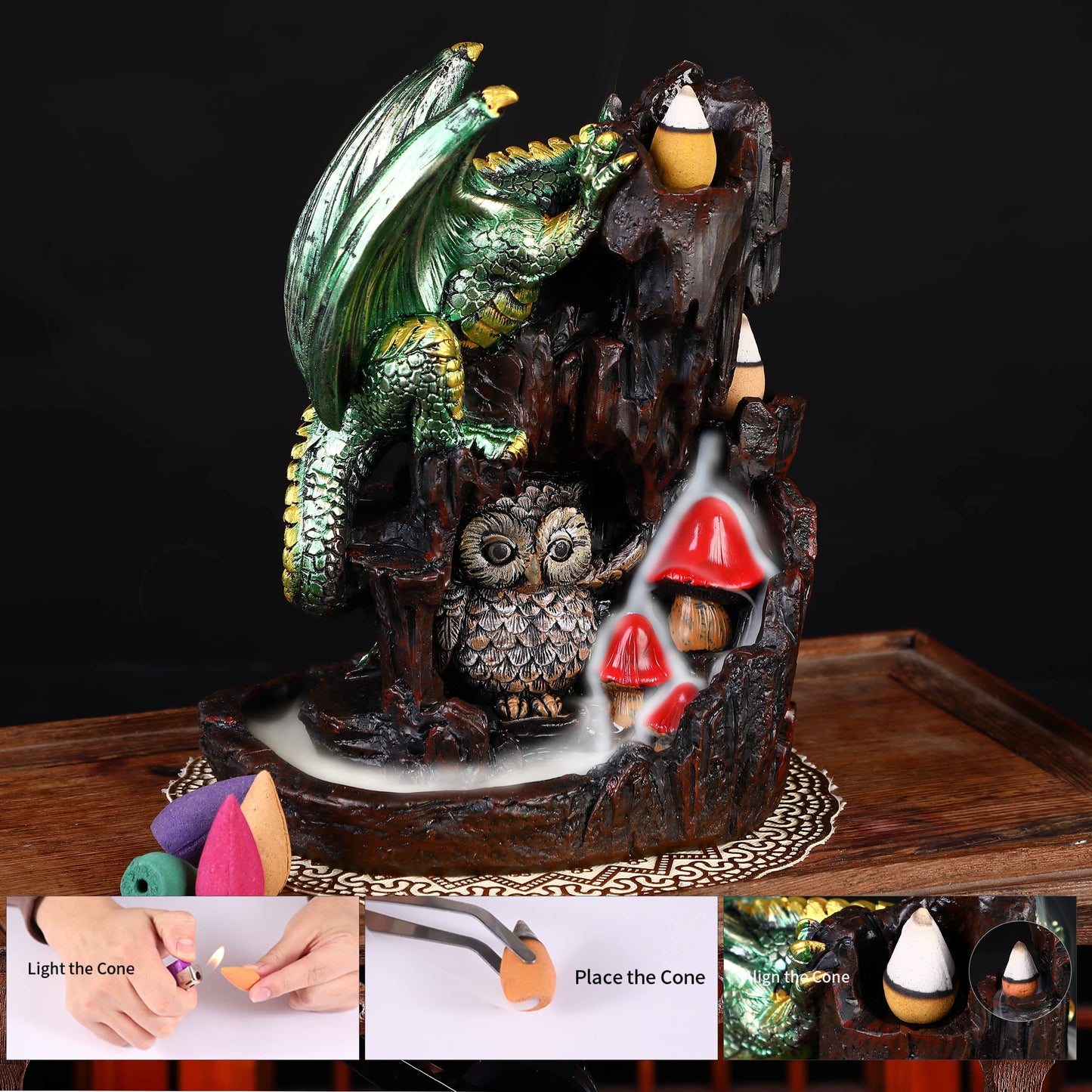 Dragon Backflow 2 Sided Mountain Waterfall Incense Burner, Fountain Smoke Incense Holder with 00 Backflow Incense Cones