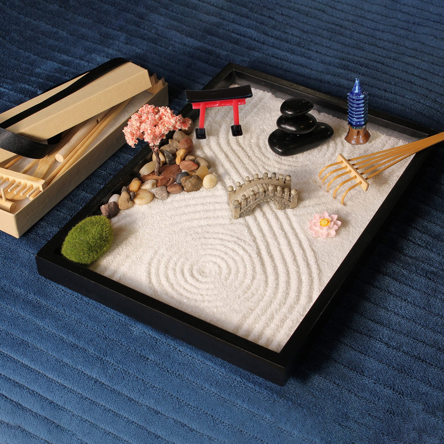 Island Falls Home Zen Garden Kit 11x8in. Beautiful Japanese Decor Mini Rock Garden Gift Set for Home, Office Desk. Zen Sand Garden, 6 Tools, 15 Accessories. Sand Tray Therapy Desktop Meditation Room