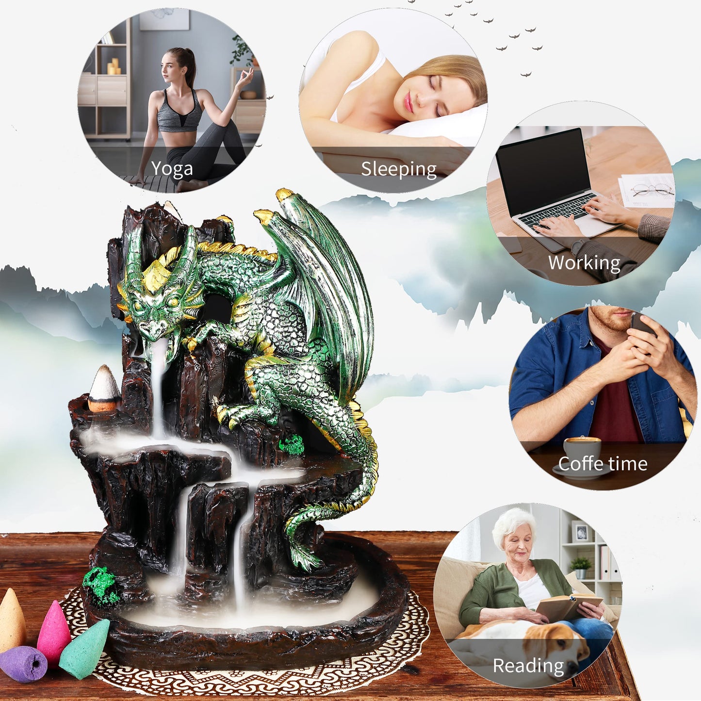 Dragon Backflow 2 Sided Mountain Waterfall Incense Burner, Fountain Smoke Incense Holder with 00 Backflow Incense Cones