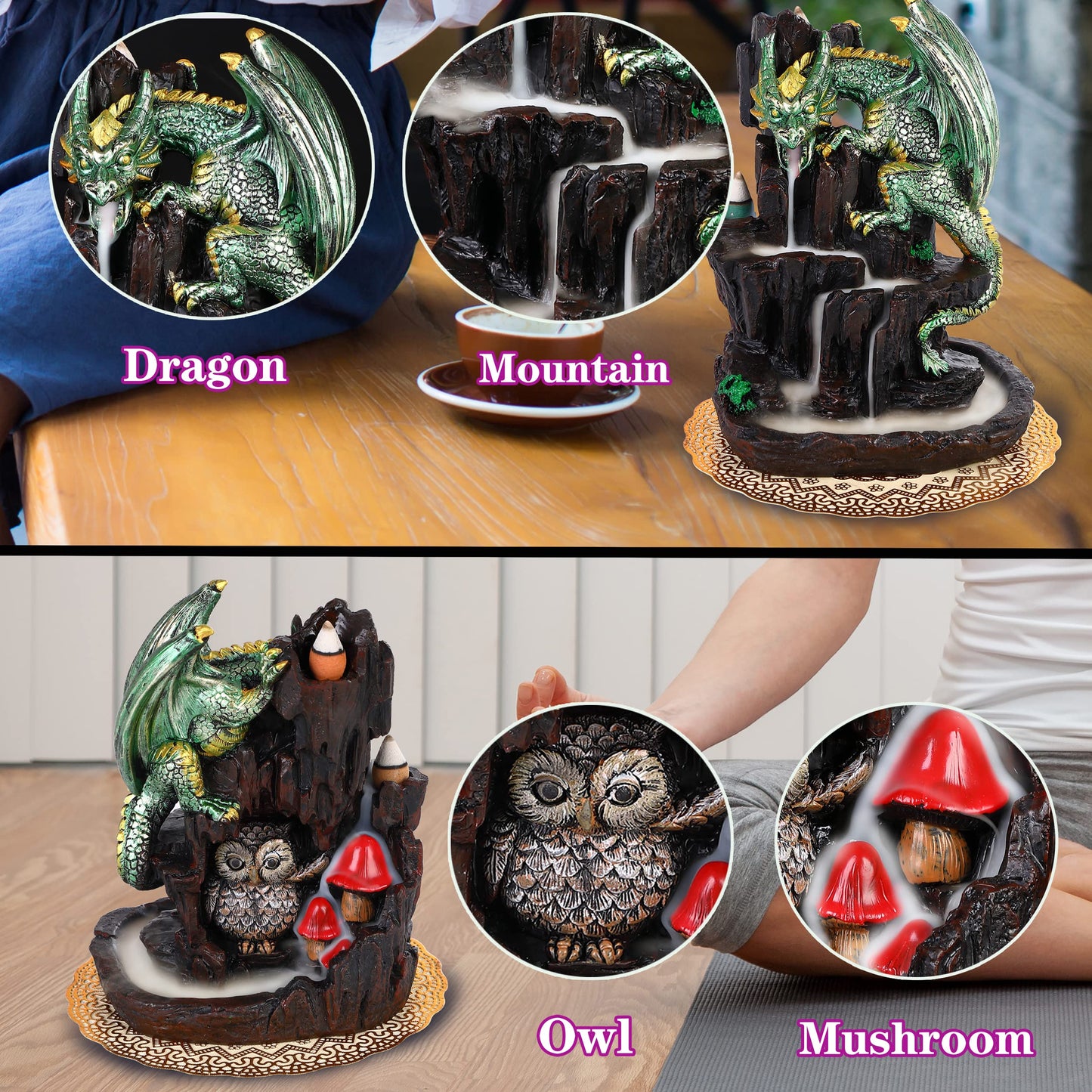 Dragon Backflow 2 Sided Mountain Waterfall Incense Burner, Fountain Smoke Incense Holder with 00 Backflow Incense Cones