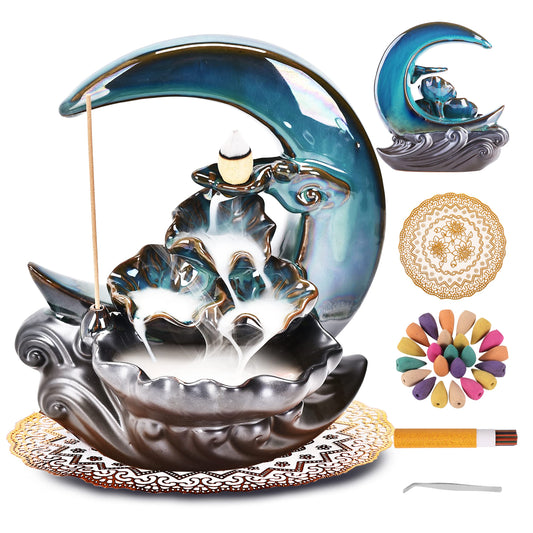 New Moon Backflow Incense Holder, Ceramic Hand-Made Incense Fountain Burner with 100 Backflow Incense Cones